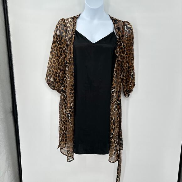 Y2K Sheer Leopard Belted Mini Dress M Layered Slip Lined Party‎ Glam Express - Picture 3 of 9
